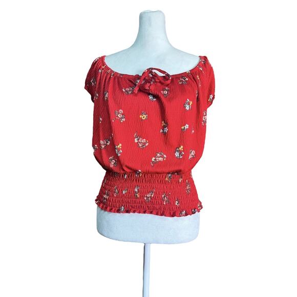 Y2K Rue21 Red Floral Smocked Peasant Top Boho Cottagecore Sz L Romantic Feminine - Picture 1 of 6